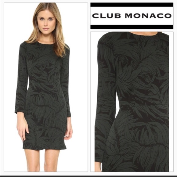 Club Monaco Long Sleeve Silk Leaf Print Dress - Picture 1 of 3